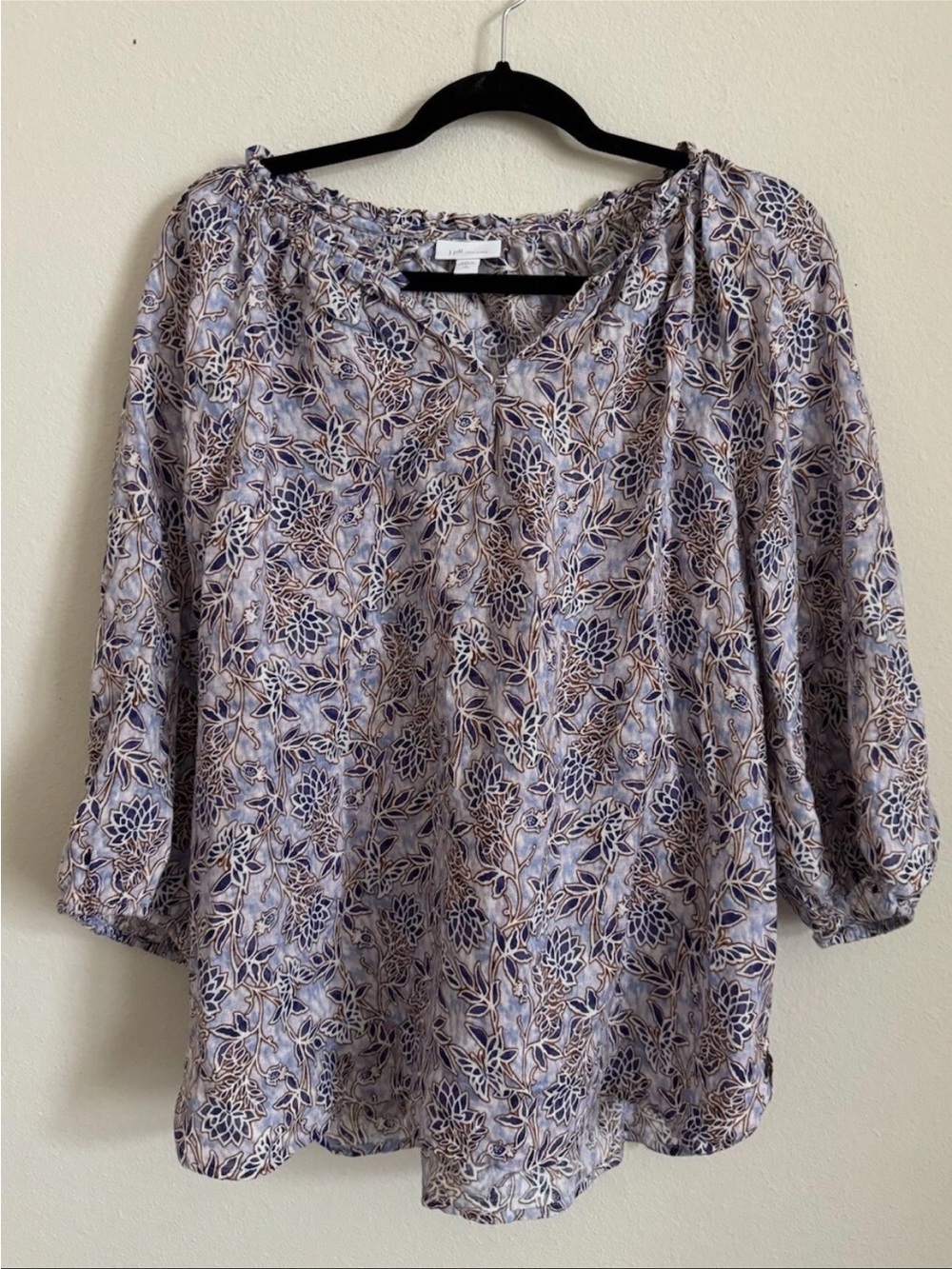 J Jill Love Linen Blue Floral Peasant Blouse Top Size Tall L 100% Linen